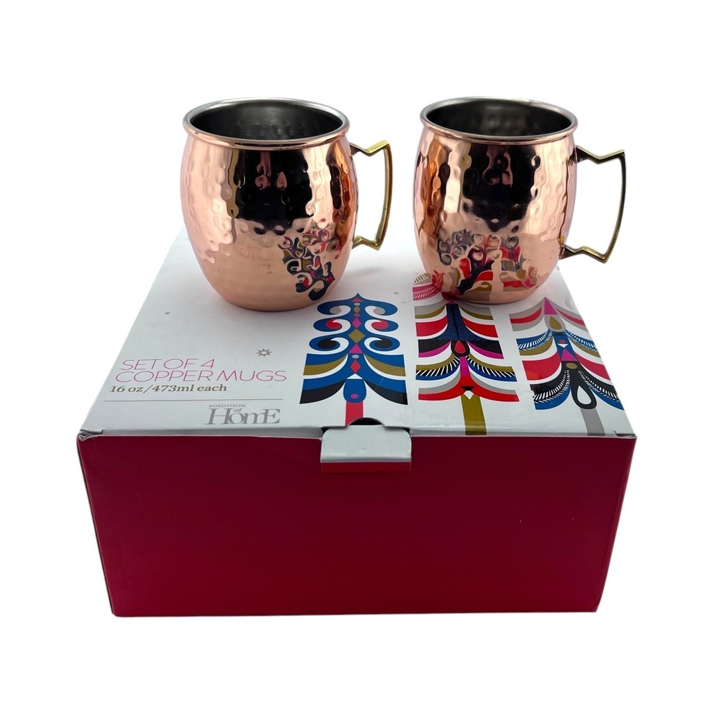 Nordstrom at Home Hammered Copper Mugs 16 oz NIB Set of 4 Moscow Mule Gift Idea